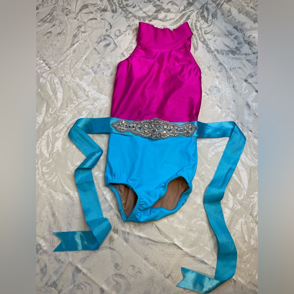Reverence YS Lycra leotard with crystal and satin belt.